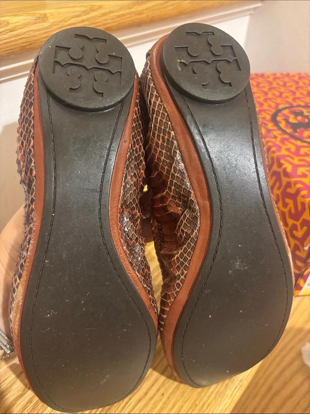 Tory Burch Brown Snakeskin-Texture Leather Ballet Flats
